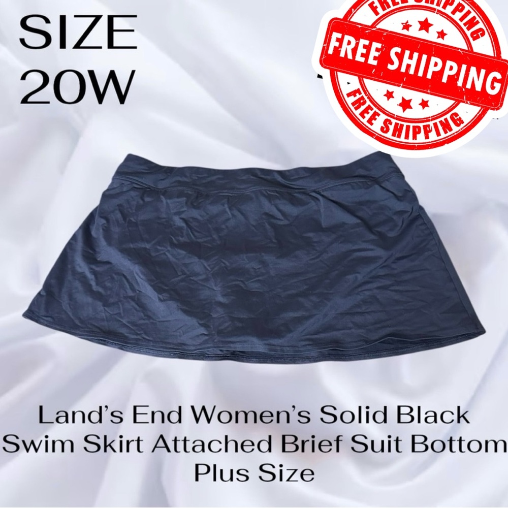 Lands End Womens Solid Black Swim Skirt Attached Brief Suit Bottom Plus Size 20W
